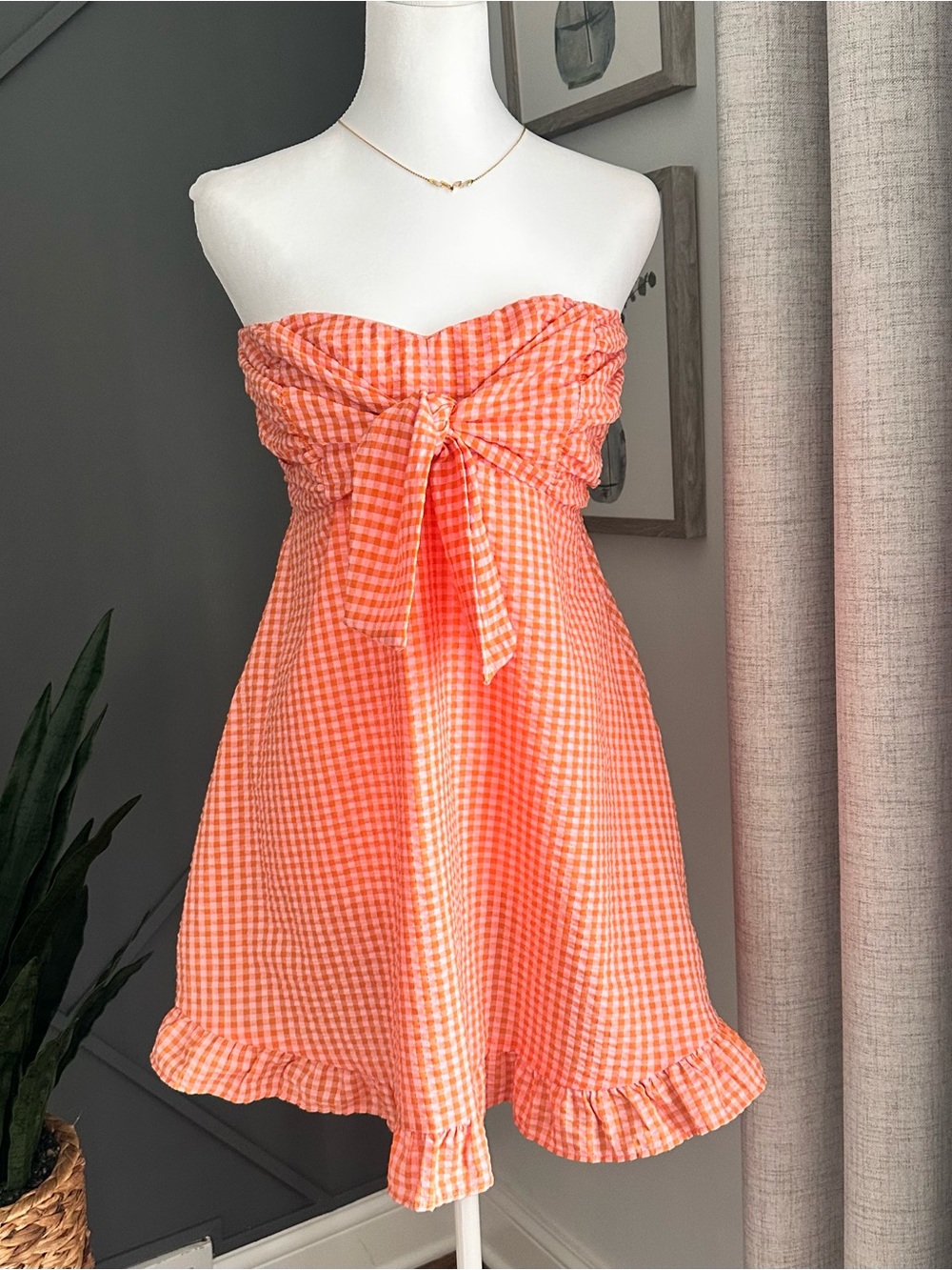 Strapless Orange Gingham Mini Dress with Front Tie